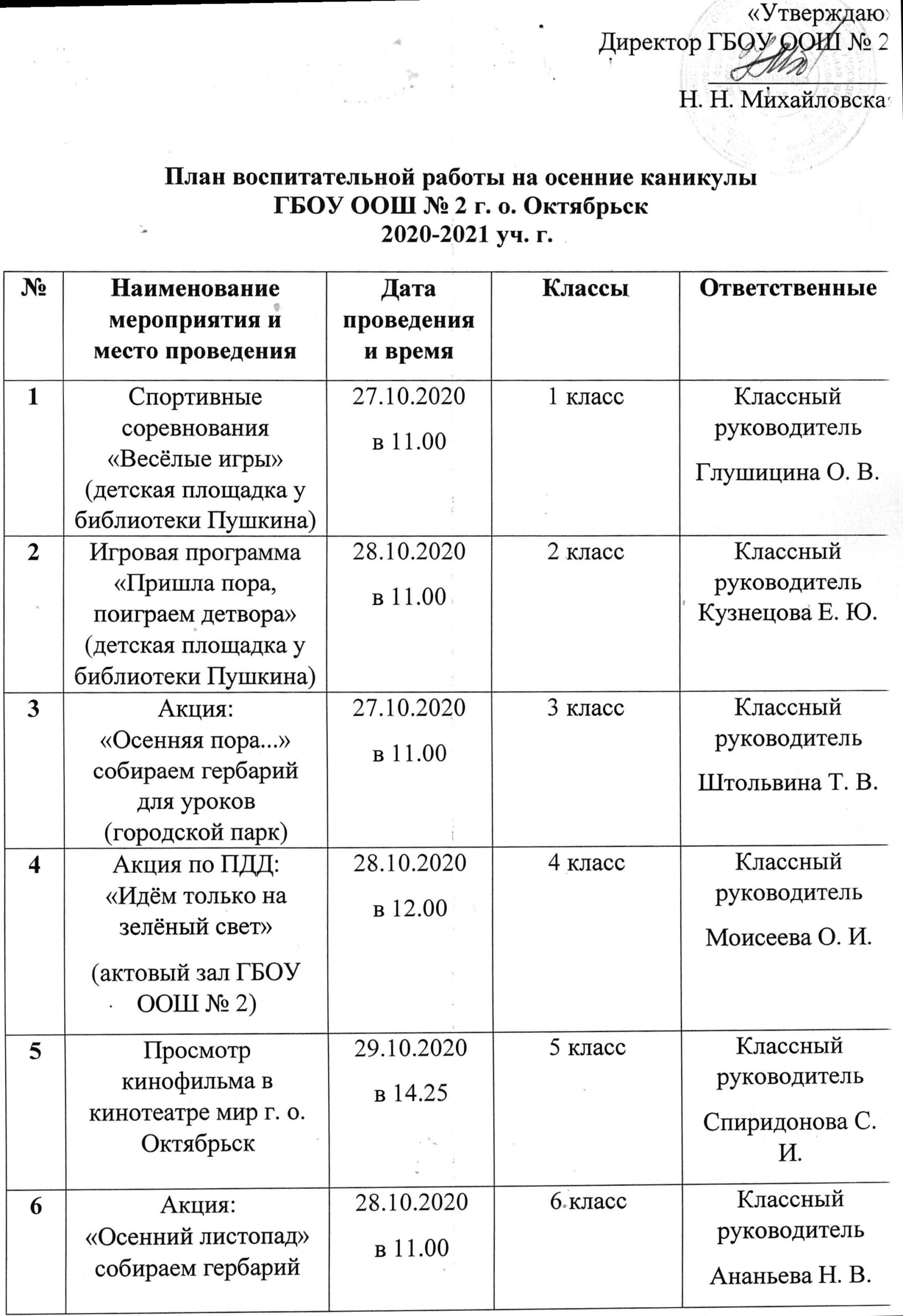 План воспитательной работы на осенние каникулы — ГБОУ ООШ №2 г.о.Октябрьск